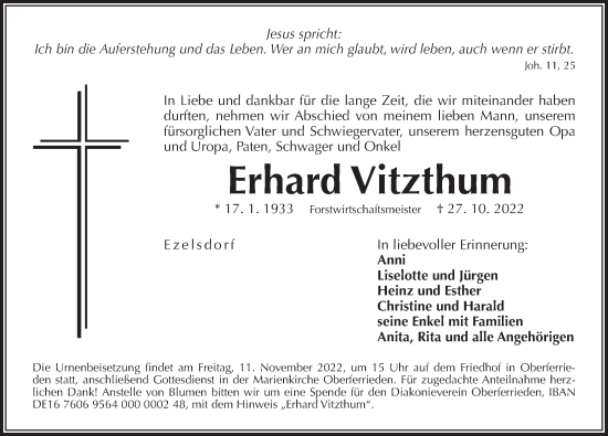 Traueranzeige von Erhard Vitzhum von Der Bote