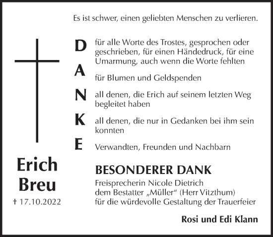 Traueranzeige von Erich Breu von Pegnitz-Zeitung