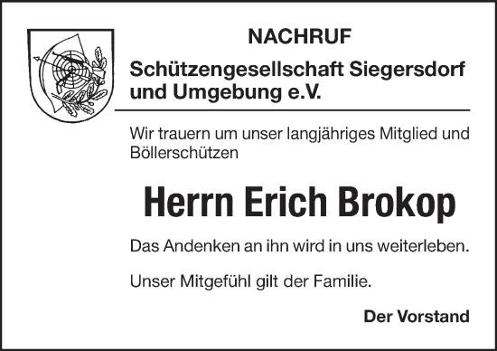 Traueranzeige von Erich Brokop von Pegnitz-Zeitung
