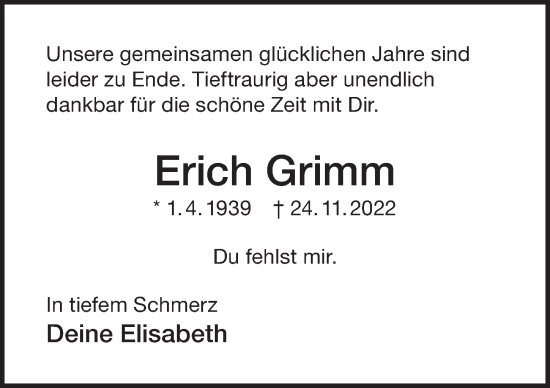 Traueranzeige von Erich Grimm von Der Bote