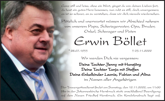 Traueranzeige von Erwin Böllet von Der Bote