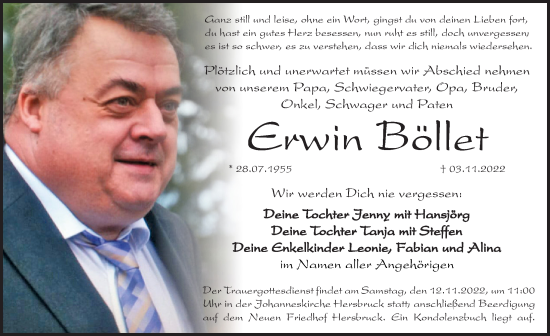 Traueranzeige von Erwin Böllet von Pegnitz-Zeitung