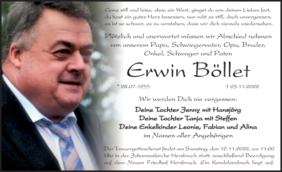 Traueranzeige von Erwin Böllet von Hersbrucker Zeitung Lokal