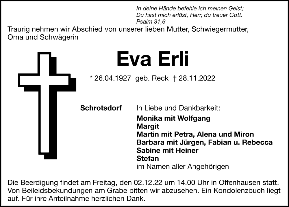  Traueranzeige für Eva Erli vom 30.11.2022 aus Hersbrucker Zeitung Lokal