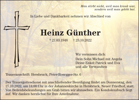 Traueranzeige von Heinz Günther von Hersbrucker Zeitung