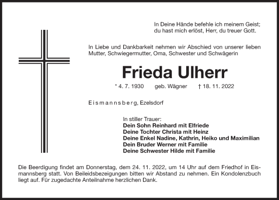 Traueranzeige von Frieda Ulherr von Der Bote