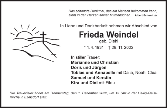 Traueranzeige von Frieda Weindel von Der Bote