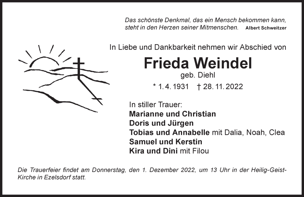  Traueranzeige für Frieda Weindel vom 30.11.2022 aus Der Bote