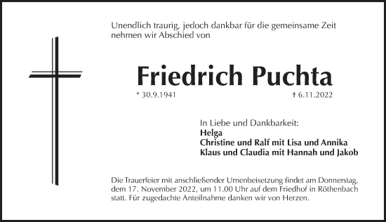 Traueranzeige von Friedrich Puchta von Pegnitz-Zeitung