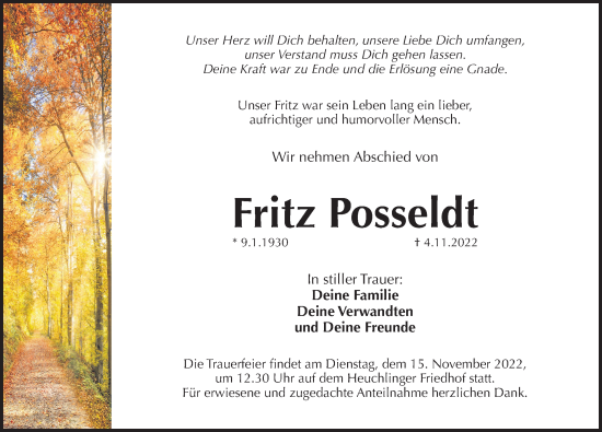 Traueranzeige von Fritz Posseldt von Pegnitz-Zeitung