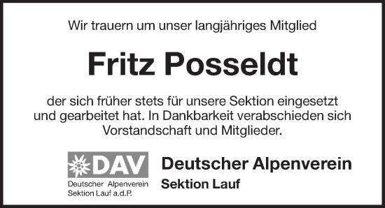 Traueranzeige von Fritz Posseldt von Pegnitz-Zeitung