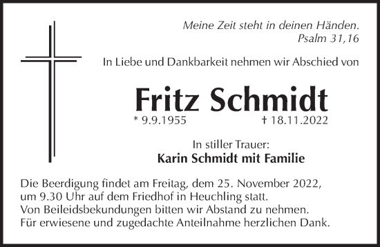 Traueranzeige von Fritz Schmidt von Pegnitz-Zeitung