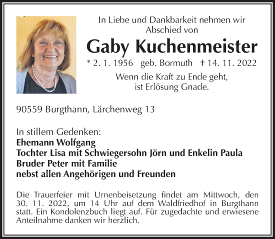 Traueranzeige von Gaby Kuchenmeister von Der Bote