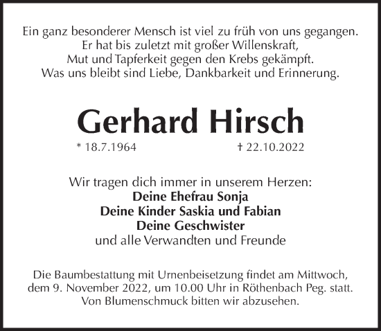 Traueranzeige von Gerhard Hirsch von Der Bote