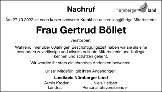 Traueranzeige von Gertrud Böllet von Hersbrucker Zeitung Lokal