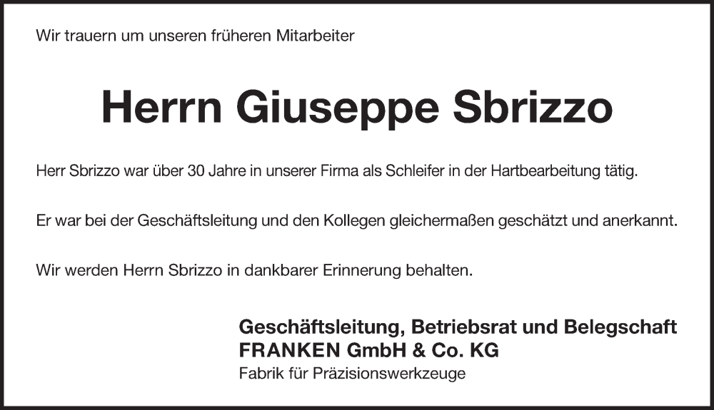  Traueranzeige für Giuseppe Sbrizzo vom 23.11.2022 aus Pegnitz-Zeitung