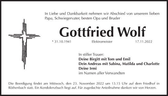 Traueranzeige von Gottfried Wolf von Pegnitz-Zeitung