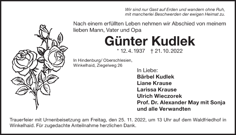  Traueranzeige für Günter Kudlek vom 19.11.2022 aus Der Bote