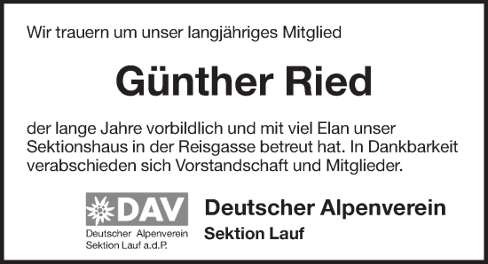Traueranzeige von Günther Ried von Pegnitz-Zeitung