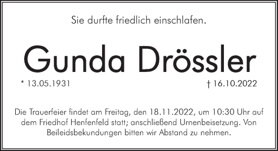 Traueranzeige von Gunda Drössler von Pegnitz-Zeitung