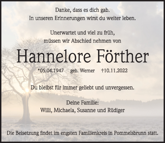 Traueranzeige von Hannelore Förther von Hersbrucker Zeitung Lokal