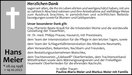 Traueranzeige von Hans Meier von Der Bote