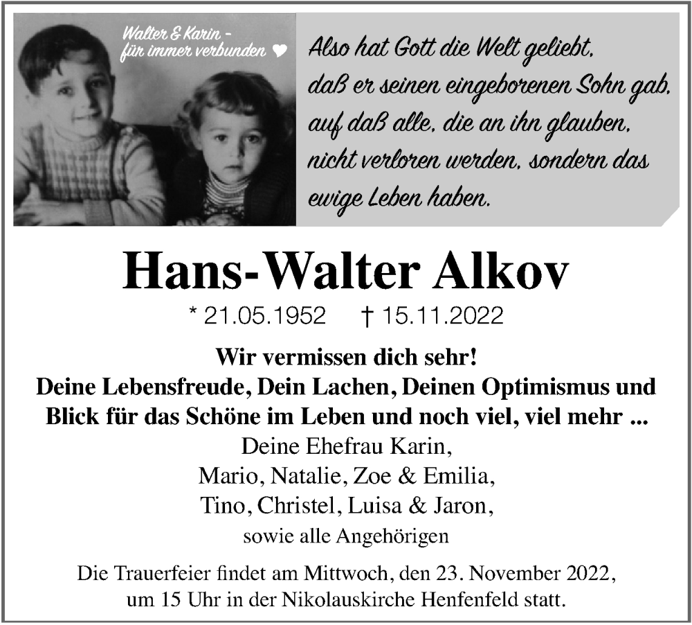  Traueranzeige für Hans-Walter Alkov vom 19.11.2022 aus Hersbrucker Zeitung Lokal