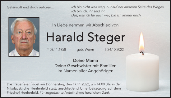 Traueranzeige von Harald Steger von Hersbrucker Zeitung Lokal