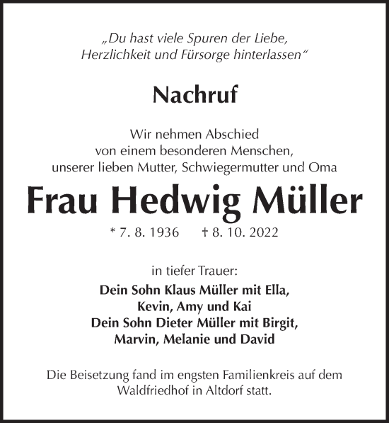 Traueranzeige von Hedwig Müller von Der Bote