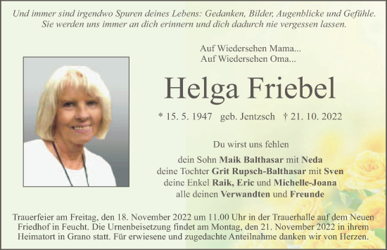 Traueranzeige von Helga Friebel von Der Bote
