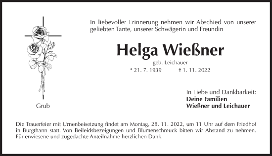 Traueranzeige von Helga Wießner von Der Bote