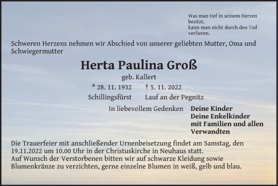 Traueranzeige von Herta Paulina Groß von Hersbrucker Zeitung Lokal