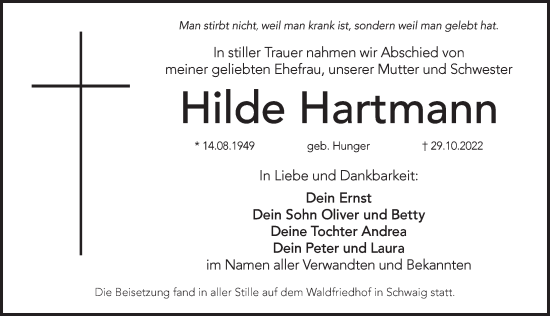 Traueranzeige von Hilde Hartmann von Pegnitz-Zeitung