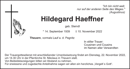 Traueranzeige von Hildegard Haeffner von Pegnitz-Zeitung