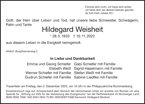 Traueranzeige von Hildegard Weisheit von Der Bote