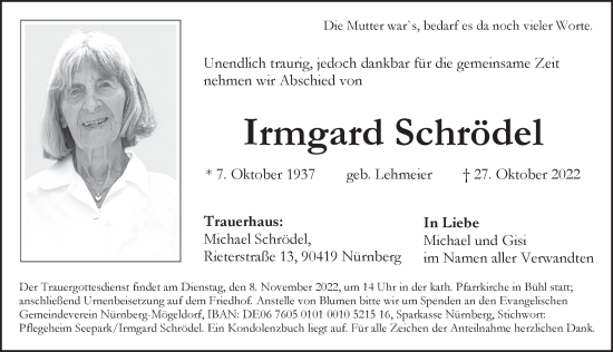 Traueranzeige von Irmgard Schrödel von Pegnitz-Zeitung