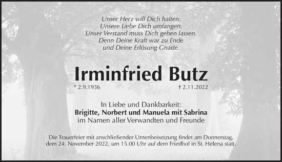 Traueranzeige von Irminfried Butz von Pegnitz-Zeitung