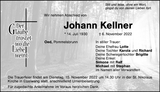 Traueranzeige von Johann Kellner von Hersbrucker Zeitung Lokal