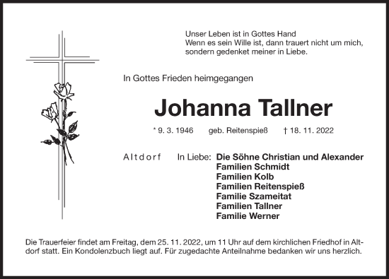 Traueranzeige von Johanna Tallner von Der Bote