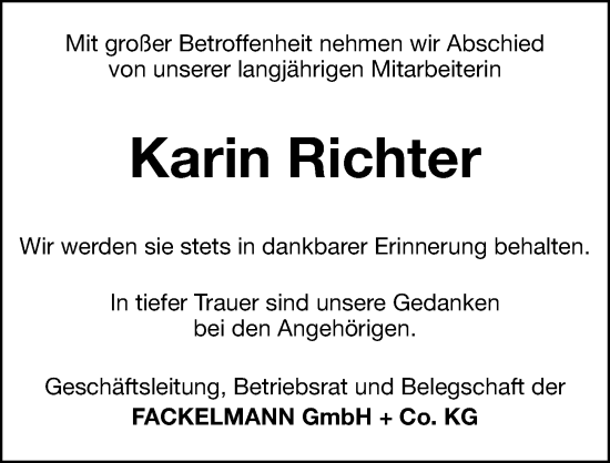 Traueranzeige von Karin Richter von Hersbrucker Zeitung Lokal