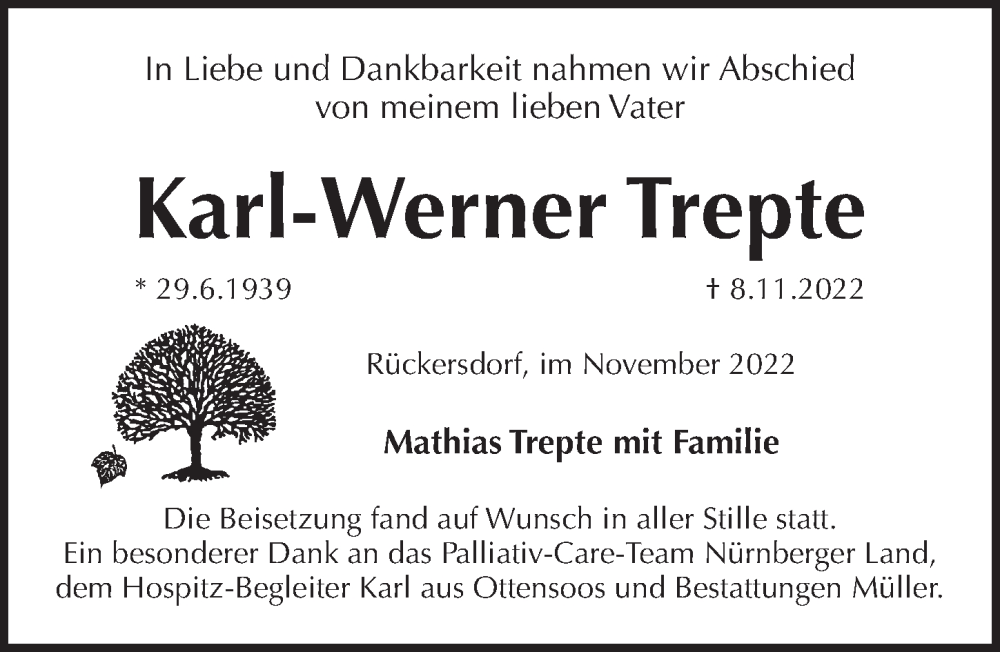  Traueranzeige für Karl-Werner Trepte vom 23.11.2022 aus Pegnitz-Zeitung