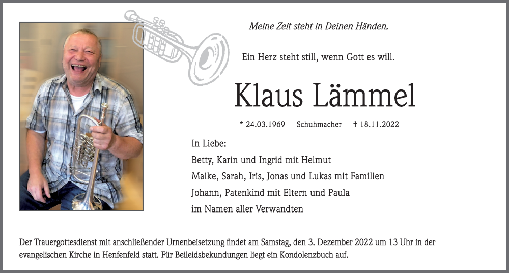  Traueranzeige für Klaus Lämmel vom 26.11.2022 aus Hersbrucker Zeitung Lokal