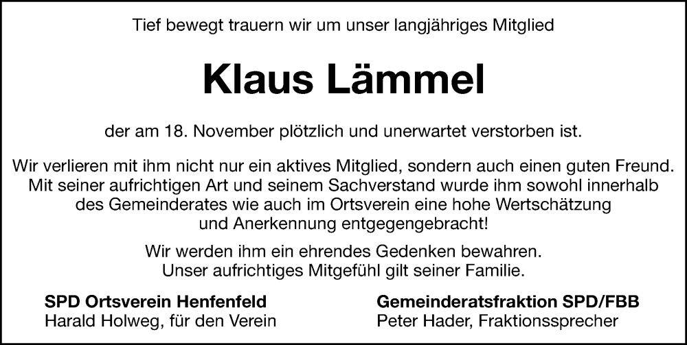  Traueranzeige für Klaus Lämmel vom 26.11.2022 aus Hersbrucker Zeitung Lokal