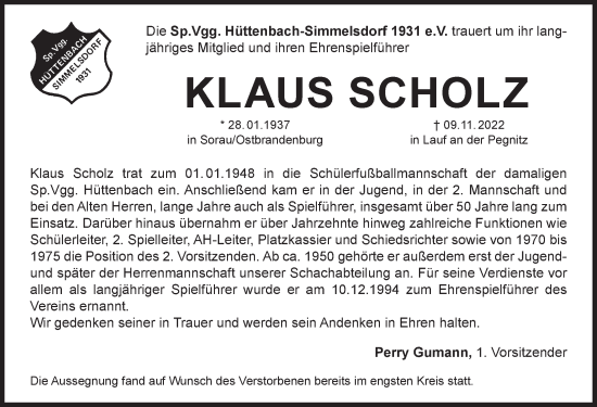 Traueranzeige von Klaus Scholz von Pegnitz-Zeitung