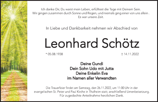 Traueranzeige von Leonhard Schötz von Hersbrucker Zeitung Lokal