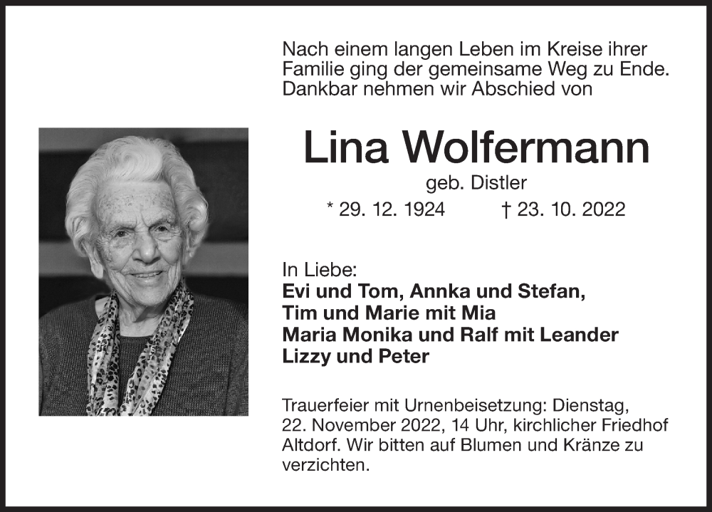  Traueranzeige für Lina Wolfermann vom 18.11.2022 aus N-Land