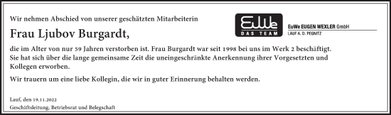 Traueranzeige von Ljubov Burgardt von Pegnitz-Zeitung