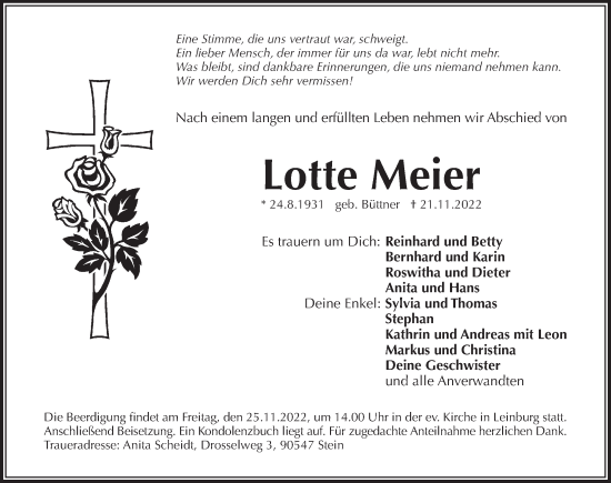 Traueranzeige von Lotte Meier von Pegnitz-Zeitung