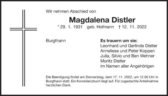 Traueranzeige von Magdalena Distler von Der Bote