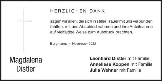 Traueranzeige von Magdalena Distler von Der Bote